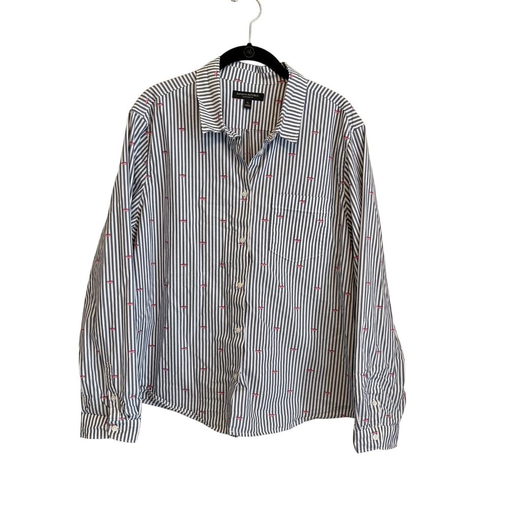 Banana Republic Striped Lip Print Shirt Top XL Blue White Quinn Boy Fit Preppy